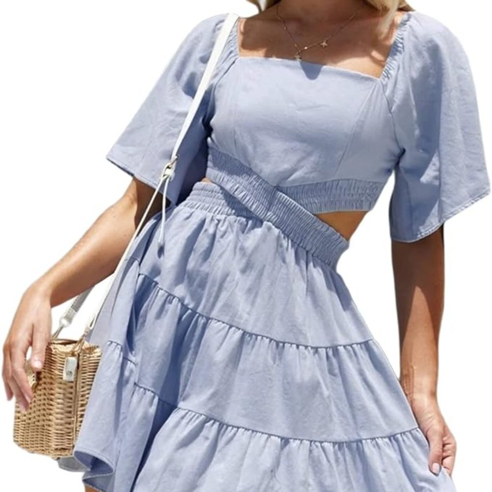 2024 Blue Summer Dress Square Neck Short Sleeve Cutout Hollow-Out Crossover